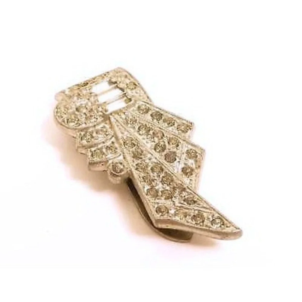 Vintage Art Deco Clear‎ Rhinestone Silver Toned Pot Metal Dress Clip Buckle